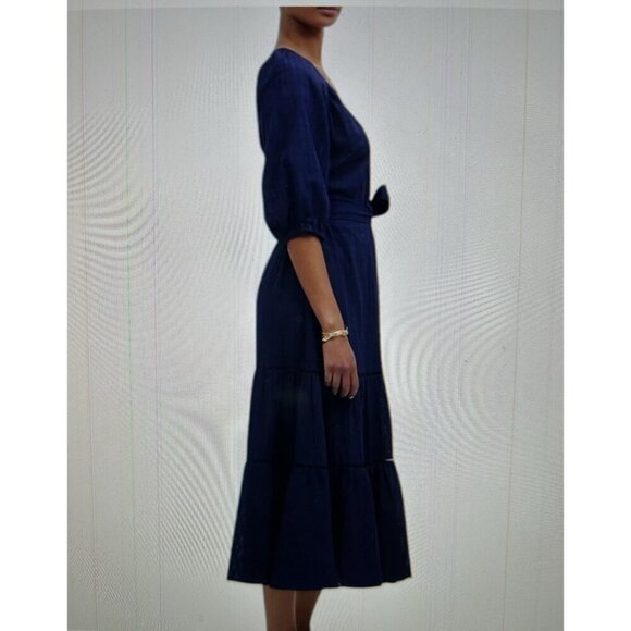 MADEWELL Tie-Waist Tiered Midi Dress Windowpane Navy Blue Button Up Size 8 - Picture 2 of 16